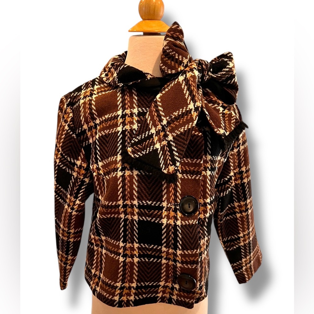 Girl Wool? Big Bow Scarf Dressy Jacket Brown Black Plaid 3-Button Short Waist